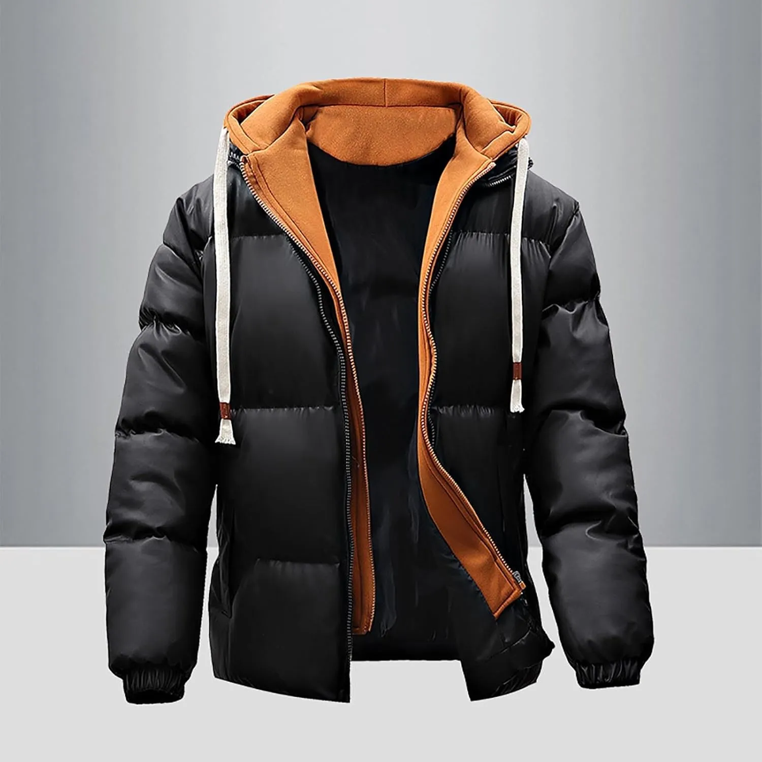 Mens Puffer Hoodie Zip up Padded Coat Warm Down Jacket Quilted Insulated Jacket Thermal Winter Jacket with Hood