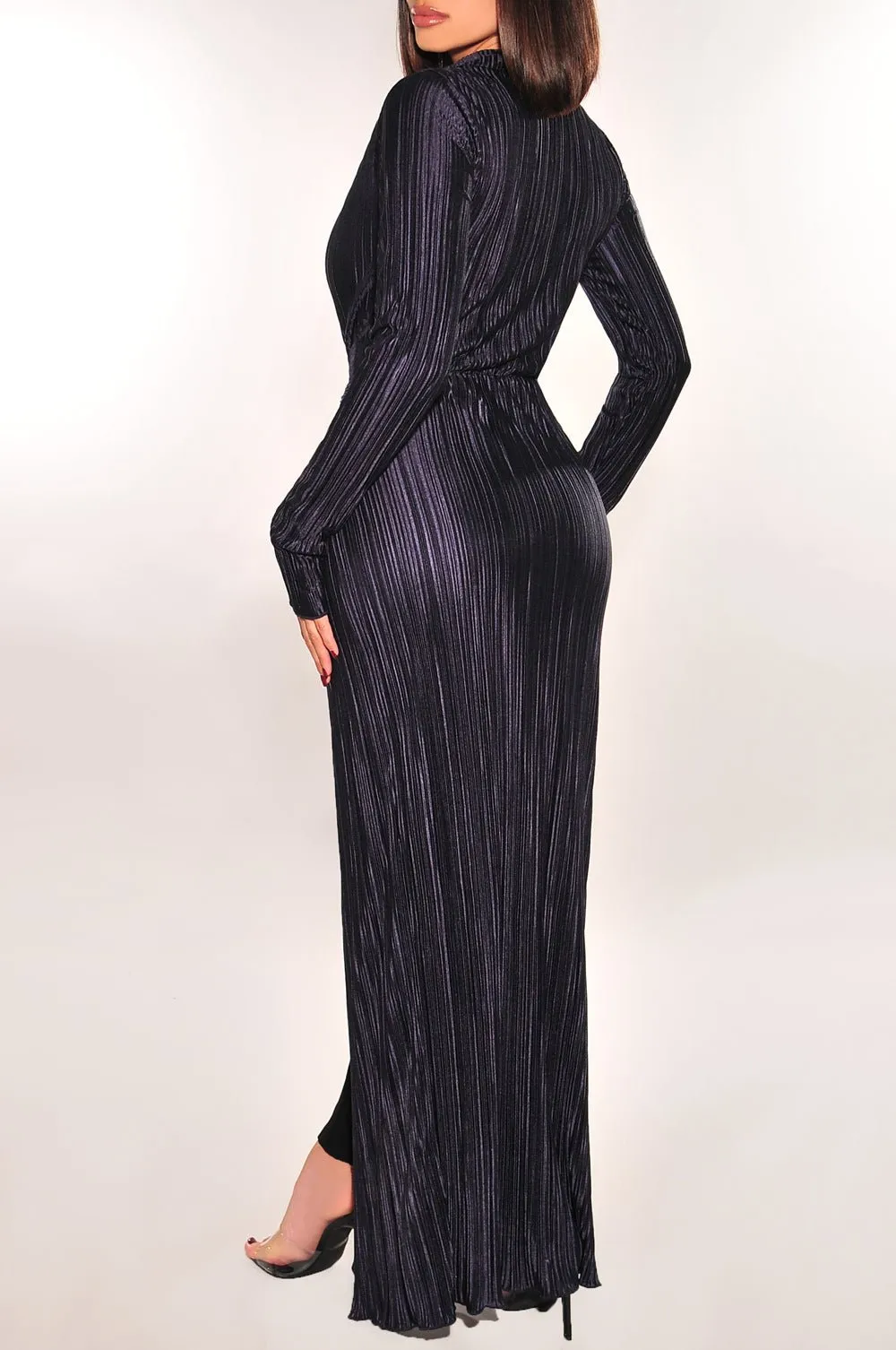 Midnight Ribbed Collared Belted Long Sleeve Duster