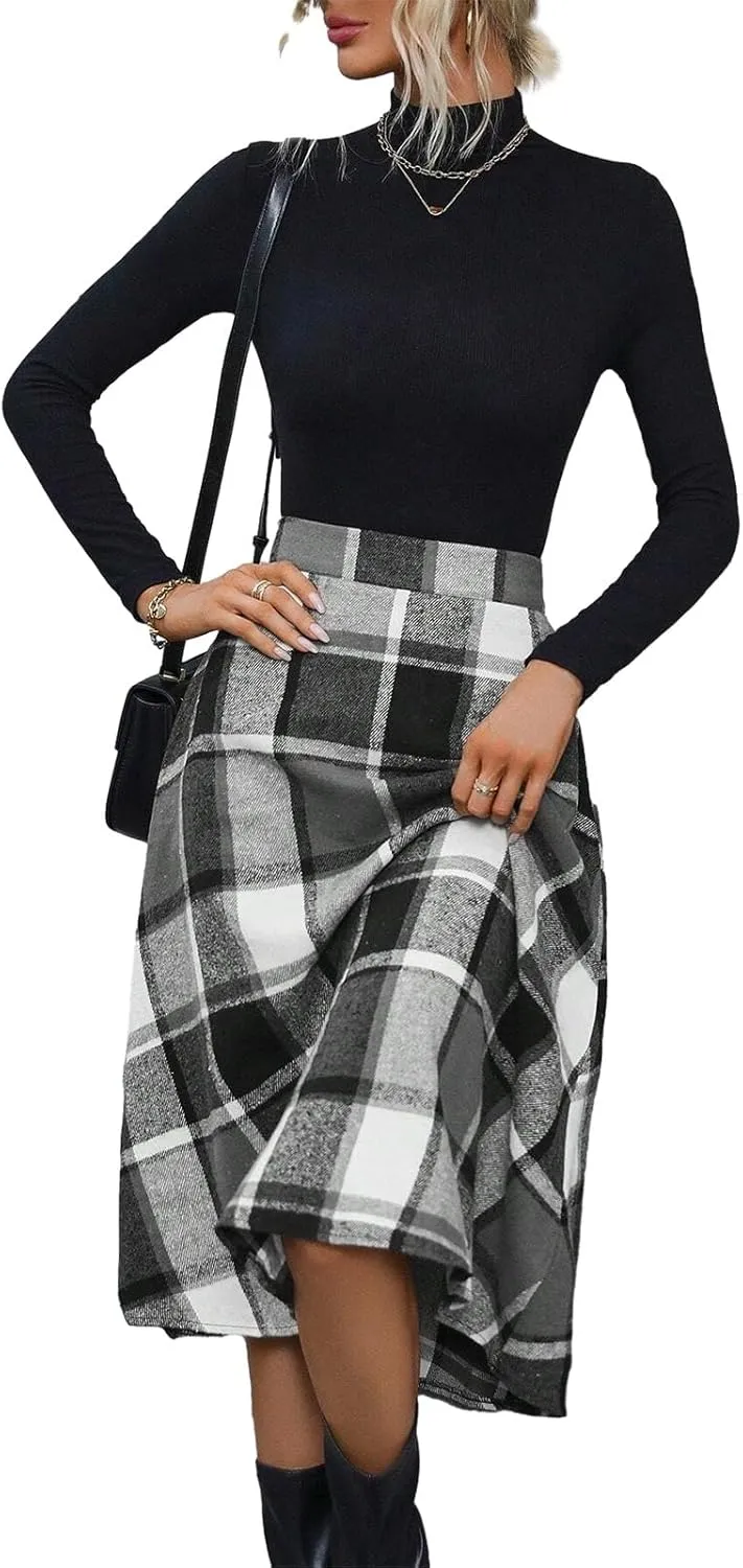 Plaid Skirts for Women High Waist Wool Skirts A-Line Tartan Midi Skirts