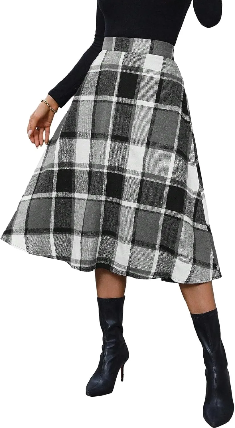 Plaid Skirts for Women High Waist Wool Skirts A-Line Tartan Midi Skirts