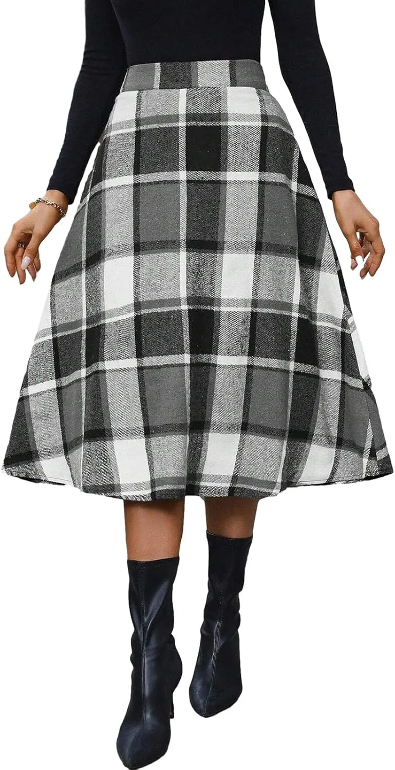Plaid Skirts for Women High Waist Wool Skirts A-Line Tartan Midi Skirts