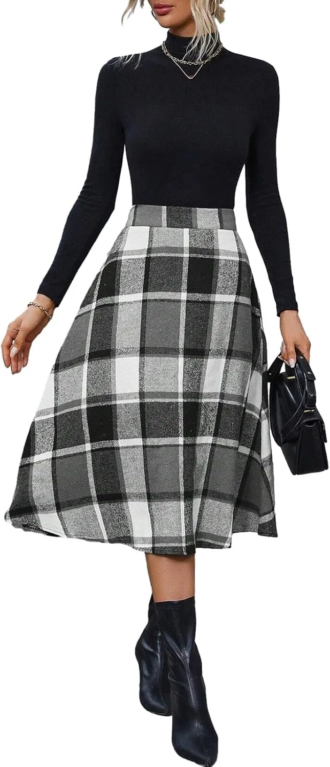 Plaid Skirts for Women High Waist Wool Skirts A-Line Tartan Midi Skirts
