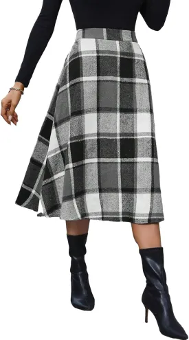 Plaid Skirts for Women High Waist Wool Skirts A-Line Tartan Midi Skirts