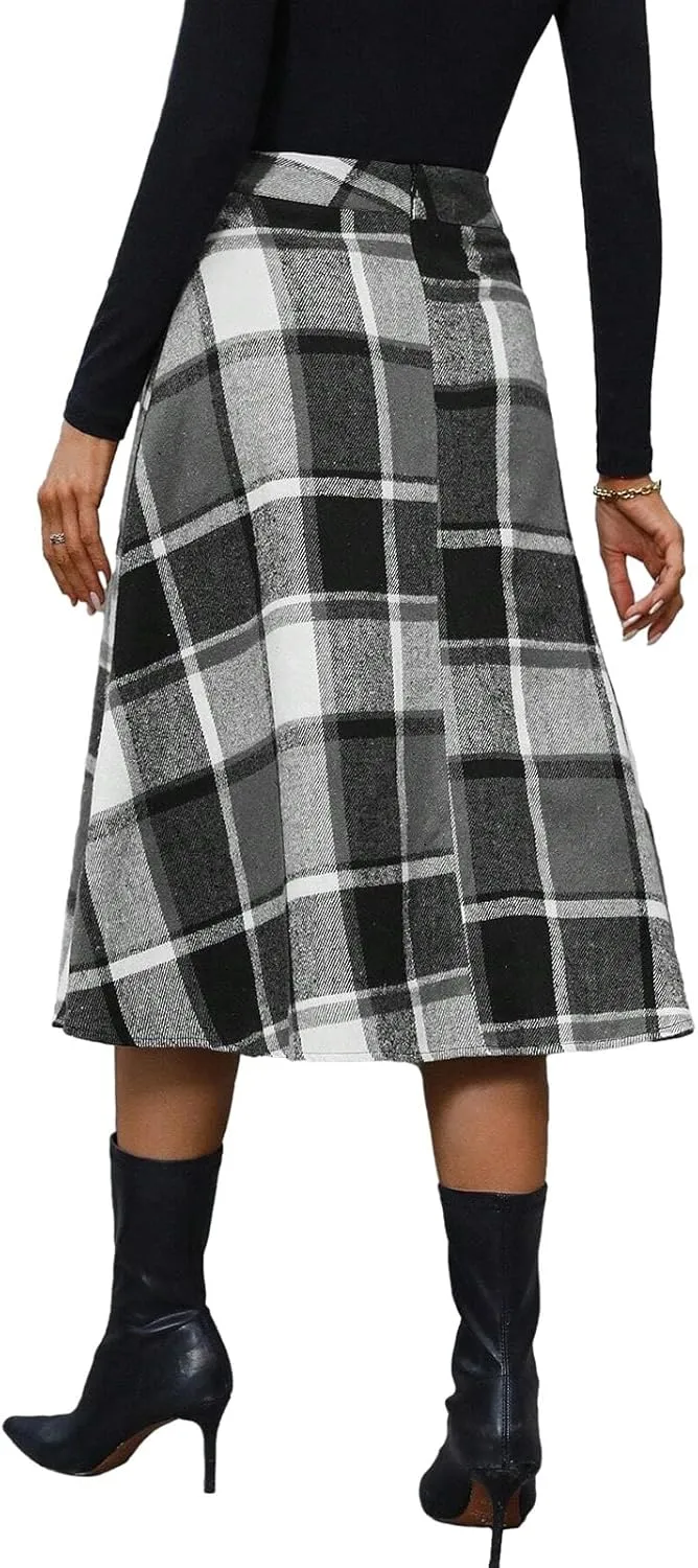 Plaid Skirts for Women High Waist Wool Skirts A-Line Tartan Midi Skirts