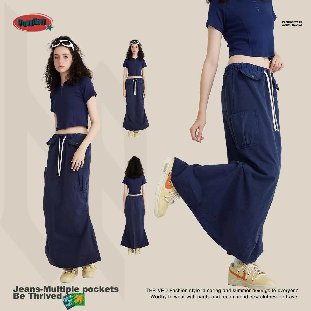 Pooyikoi Women's High Waist Pencil Skirt Elastic Trendy Skirts Casual Office Work Skirts Back Slit Knee Length Midi Skirts