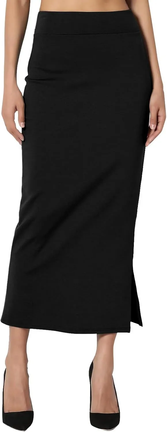 Sexy Solid Color Side Slit Knit High Waist Mid Calf Long Pencil Midi Skirt for Women High Waist Stretchy Bodycon Skirts