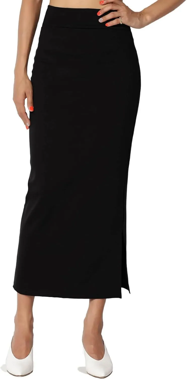 Sexy Solid Color Side Slit Knit High Waist Mid Calf Long Pencil Midi Skirt for Women High Waist Stretchy Bodycon Skirts