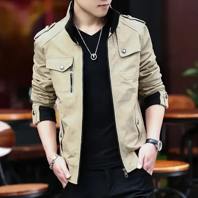 Spring Autumn New Men's Jacket Korean Fashion Stand-up Collar Thick Denim Cargo Pants Pure Cotton Coat Top Clothes