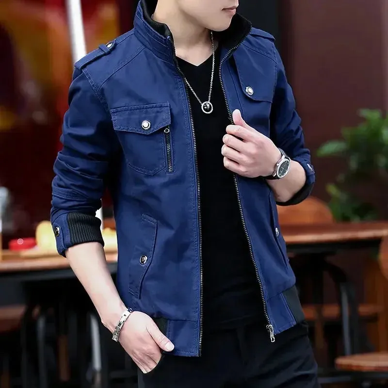 Spring Autumn New Men's Jacket Korean Fashion Stand-up Collar Thick Denim Cargo Pants Pure Cotton Coat Top Clothes