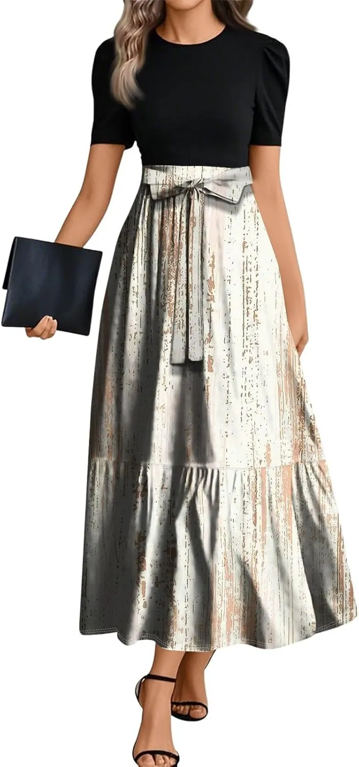 Summer Beach Vacation Clothes Spring Dresses for Women 2025 Short Sleeve Elegant Tie Waist Flowy Maxi Dress