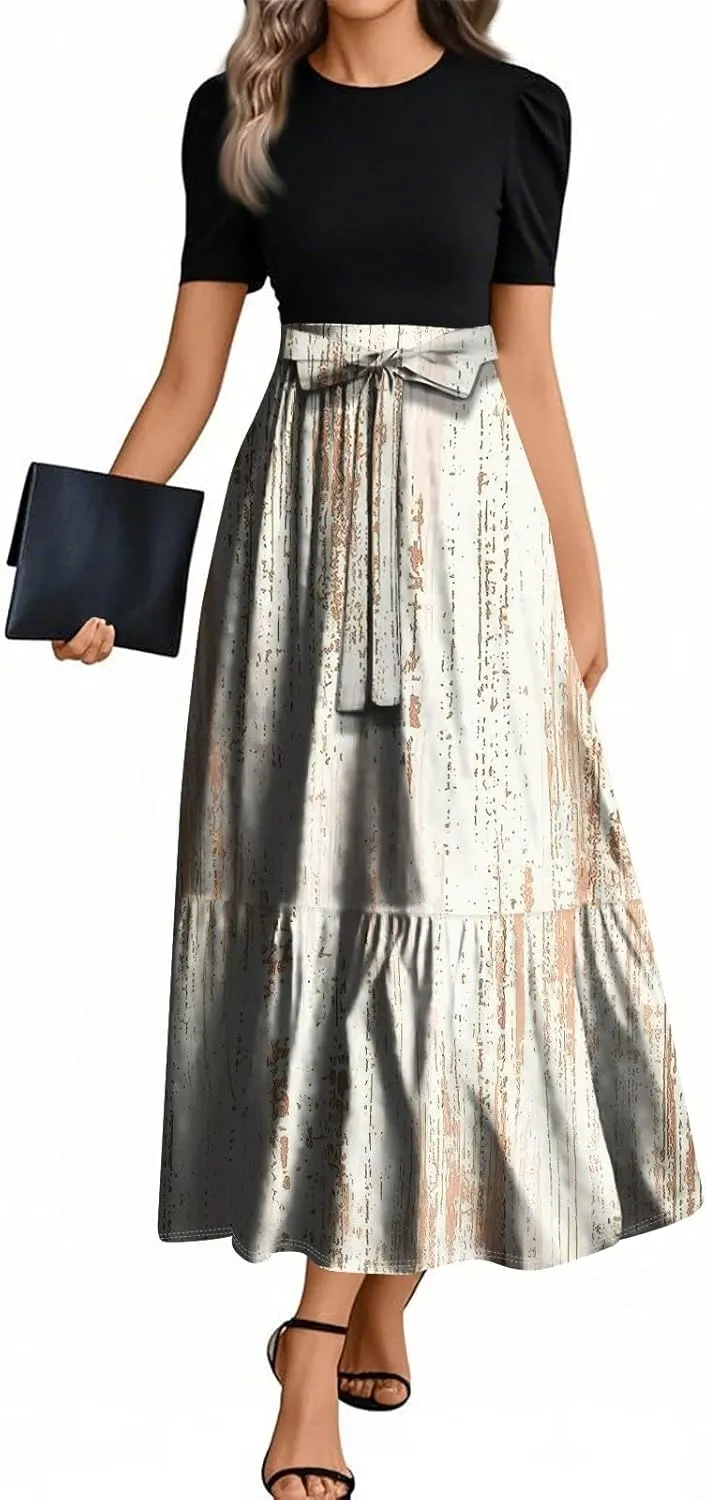 Summer Beach Vacation Clothes Spring Dresses for Women 2025 Short Sleeve Elegant Tie Waist Flowy Maxi Dress