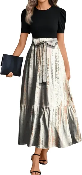 Summer Beach Vacation Clothes Spring Dresses for Women 2025 Short Sleeve Elegant Tie Waist Flowy Maxi Dress