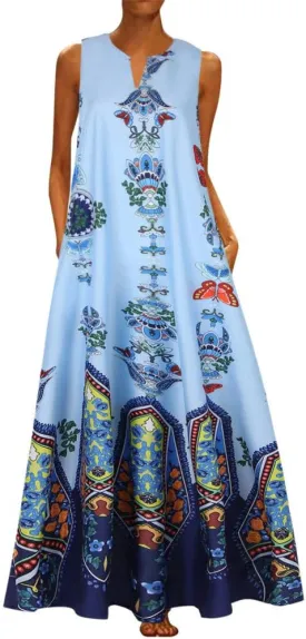 Summer Dresses for Women 2025,Women's African Printed Maxi Dresses Bohemian Tank Dress Fall Vintage Plus Size Long Dress