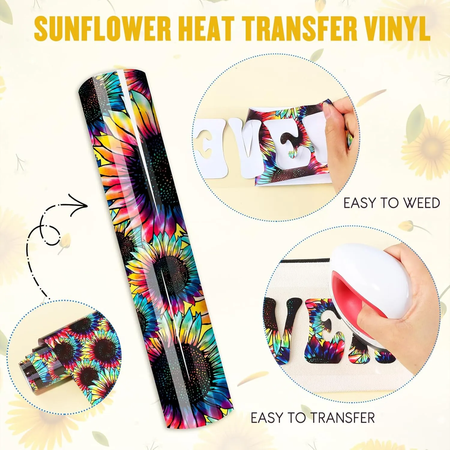 Sunflower HTV Vinyl Roll 12" x 8ft Tie Dye HTV Heat Transfer Vinyl Roll Seamless Rainbow Patterned Iron On Vinyl for Fabrics