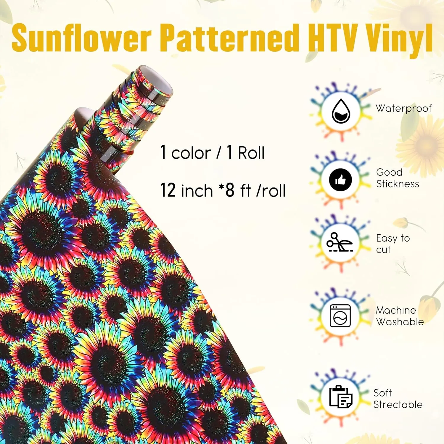 Sunflower HTV Vinyl Roll 12" x 8ft Tie Dye HTV Heat Transfer Vinyl Roll Seamless Rainbow Patterned Iron On Vinyl for Fabrics