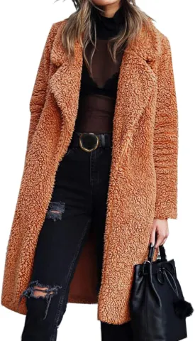 Teddy Bear Jacket for Women Fuzzy Fleece Coat Lapel Long Sleeve Cardigan Faux Fur Warm Winter Outwear Long Overcoat