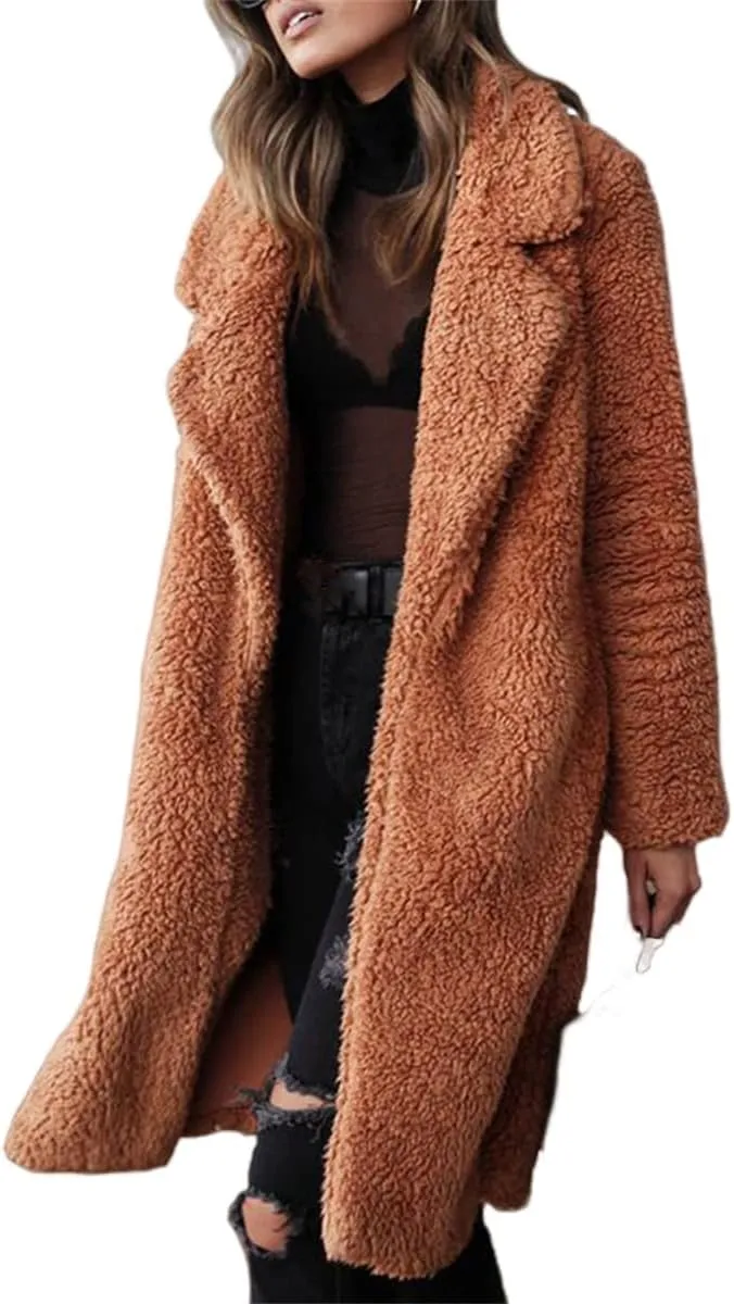 Teddy Bear Jacket for Women Fuzzy Fleece Coat Lapel Long Sleeve Cardigan Faux Fur Warm Winter Outwear Long Overcoat