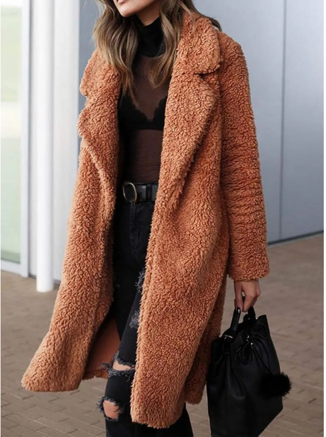 Teddy Bear Jacket for Women Fuzzy Fleece Coat Lapel Long Sleeve Cardigan Faux Fur Warm Winter Outwear Long Overcoat