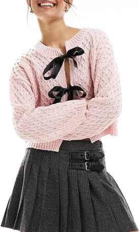 Tie Front Cardigan Sweaters for Women Cute Knit Long Sleeve Bow Tie Crop Blouse Top Y2K Cable Knit Ribbon Lace Up Sweater