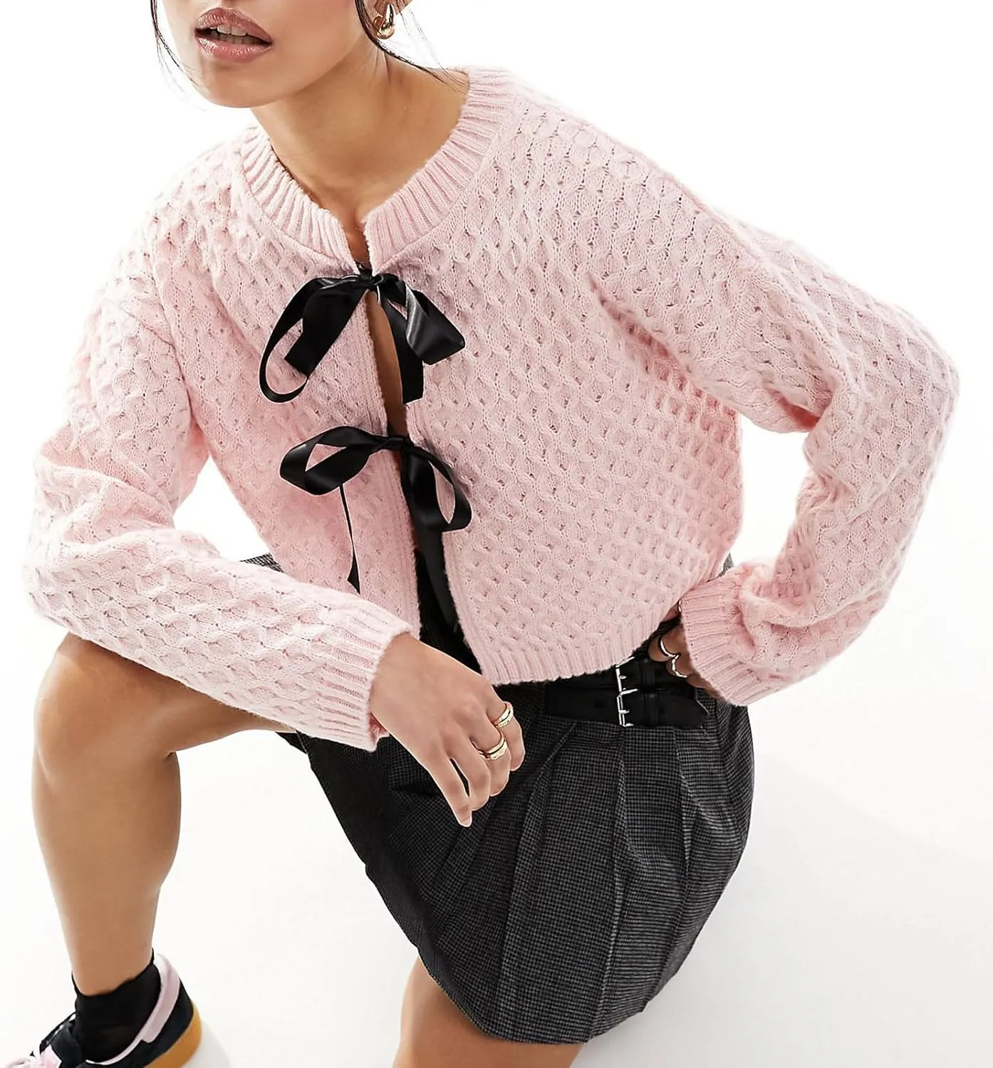 Tie Front Cardigan Sweaters for Women Cute Knit Long Sleeve Bow Tie Crop Blouse Top Y2K Cable Knit Ribbon Lace Up Sweater