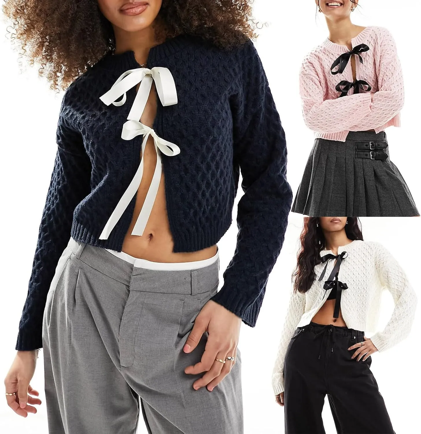Tie Front Cardigan Sweaters for Women Cute Knit Long Sleeve Bow Tie Crop Blouse Top Y2K Cable Knit Ribbon Lace Up Sweater