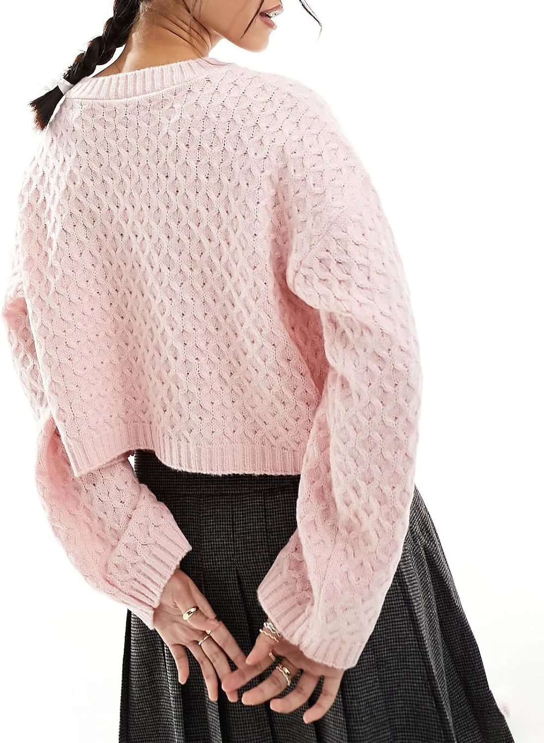 Tie Front Cardigan Sweaters for Women Cute Knit Long Sleeve Bow Tie Crop Blouse Top Y2K Cable Knit Ribbon Lace Up Sweater