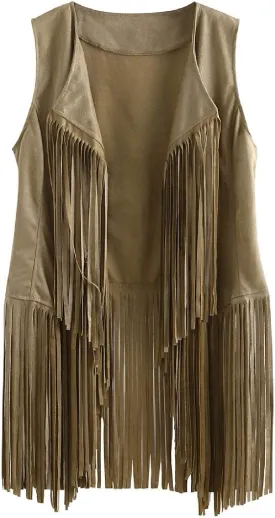 Trendy Faux Suede Fringe Jacket for Women 70s Hippie Cardigans Vest Motorcycle Tassels Sleeveless Coats