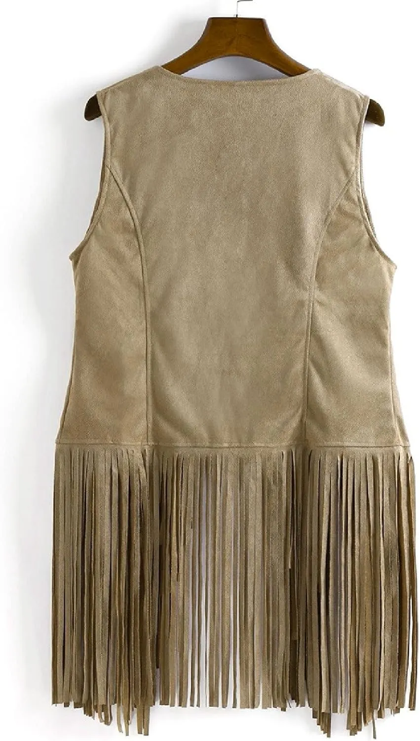 Trendy Faux Suede Fringe Jacket for Women 70s Hippie Cardigans Vest Motorcycle Tassels Sleeveless Coats
