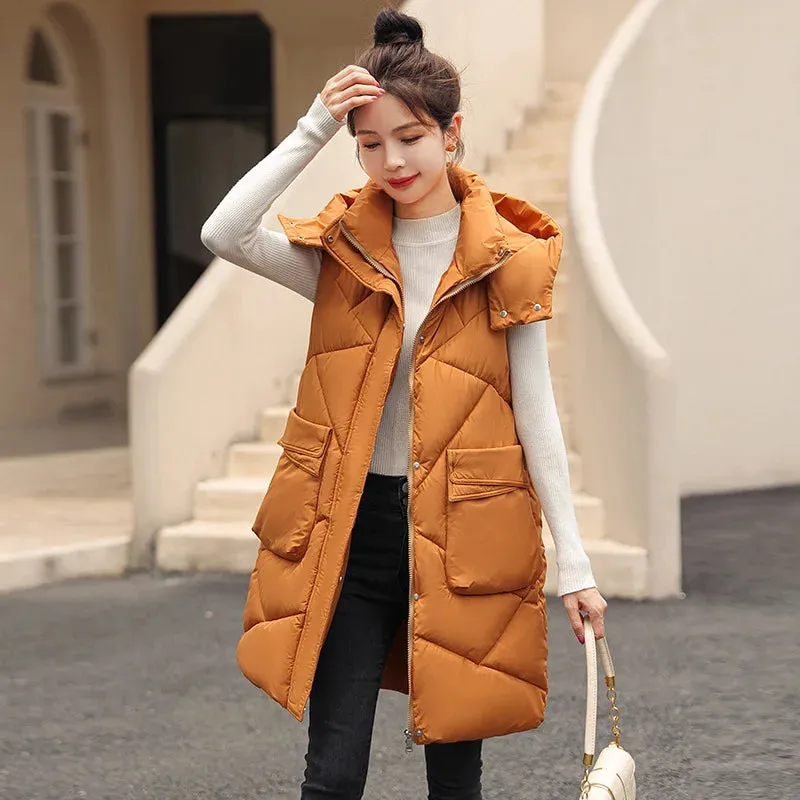 Vero Sleeveless Hooded Stand Collar Solid Zipper Vest