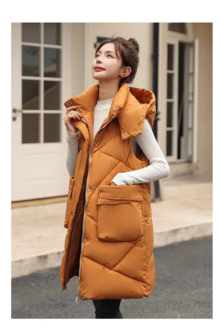 Vero Sleeveless Hooded Stand Collar Solid Zipper Vest
