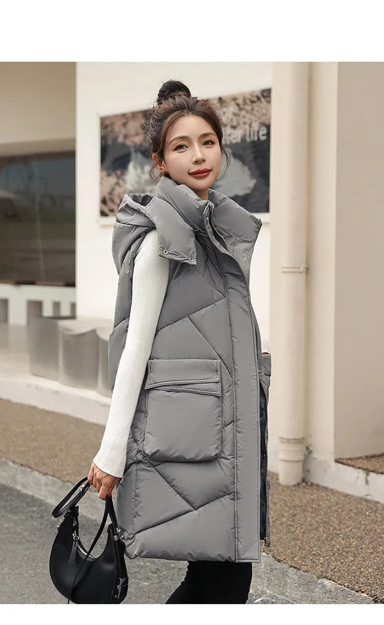 Vero Sleeveless Hooded Stand Collar Solid Zipper Vest