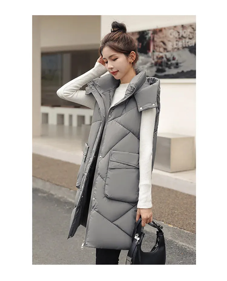 Vero Sleeveless Hooded Stand Collar Solid Zipper Vest