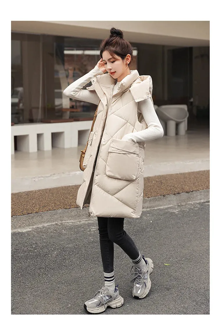 Vero Sleeveless Hooded Stand Collar Solid Zipper Vest