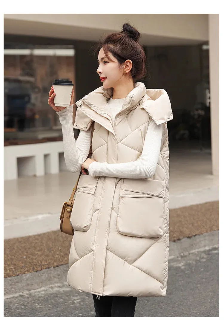 Vero Sleeveless Hooded Stand Collar Solid Zipper Vest