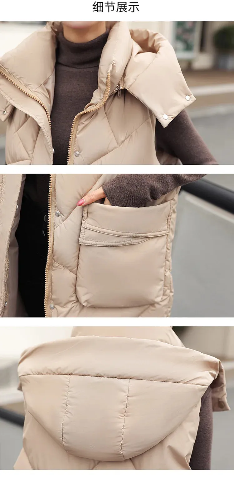 Vero Sleeveless Hooded Stand Collar Solid Zipper Vest