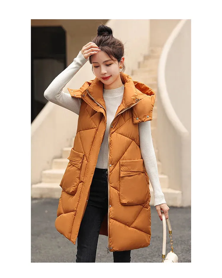 Vero Sleeveless Hooded Stand Collar Solid Zipper Vest
