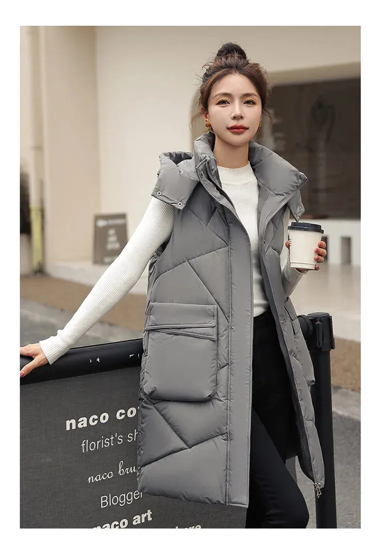 Vero Sleeveless Hooded Stand Collar Solid Zipper Vest