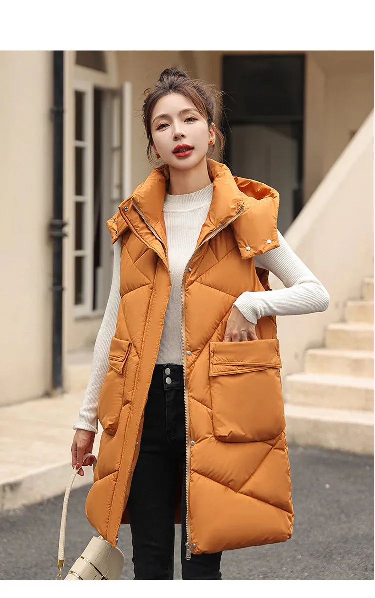 Vero Sleeveless Hooded Stand Collar Solid Zipper Vest