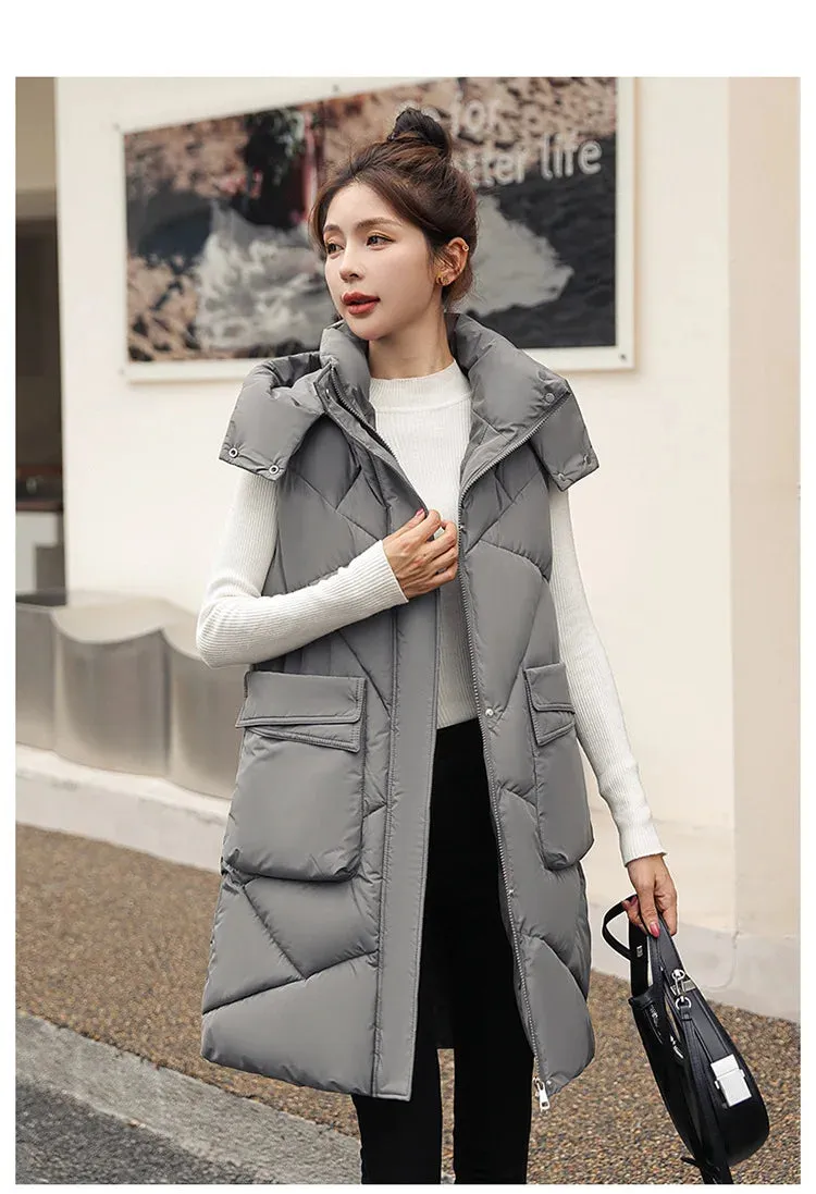 Vero Sleeveless Hooded Stand Collar Solid Zipper Vest