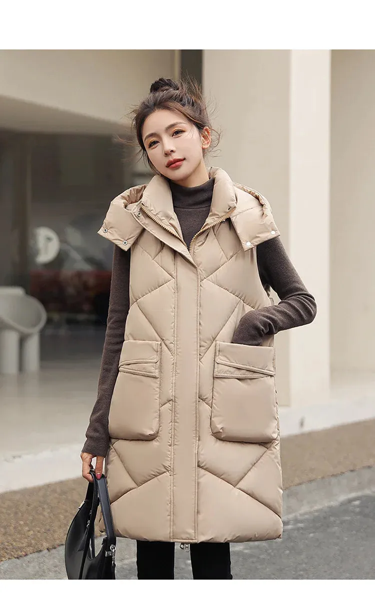 Vero Sleeveless Hooded Stand Collar Solid Zipper Vest