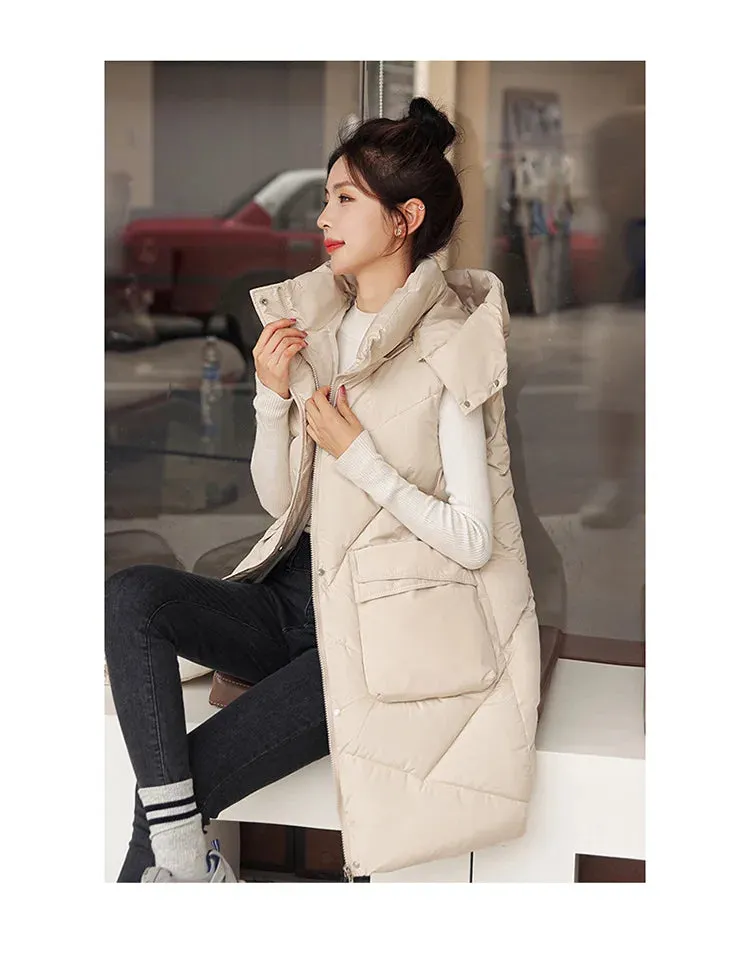 Vero Sleeveless Hooded Stand Collar Solid Zipper Vest