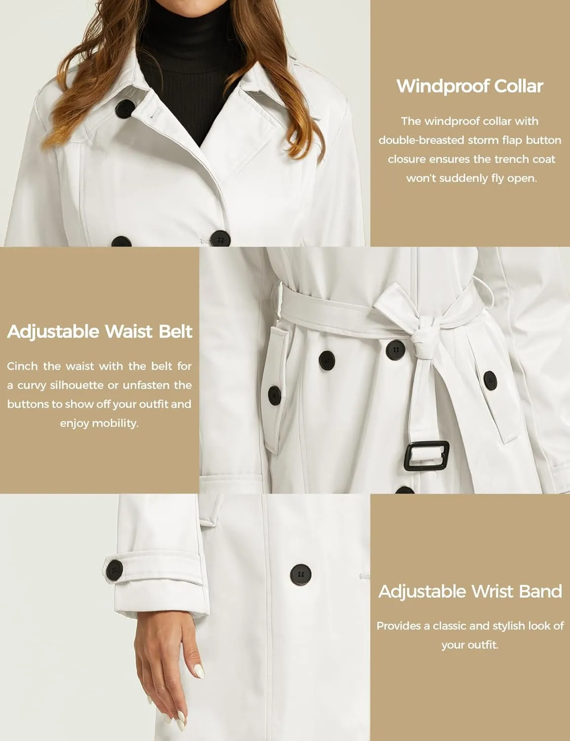 wantdo Women's Waterproof Trench Coat Classic Lapel Outerwear Coat with Belt