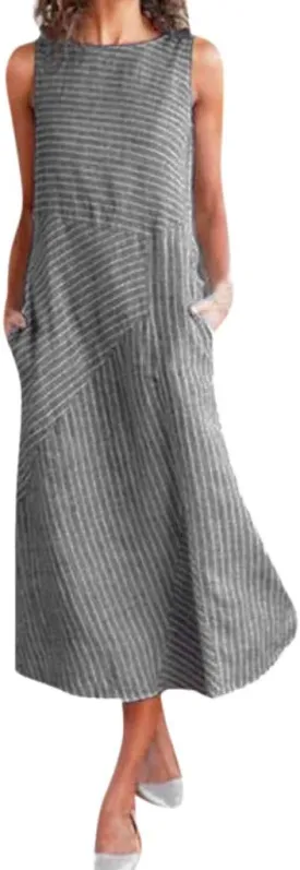 Women Linen Dress Summer Sleeveless Maxi Dress Swing Beach Dresses Boho Long Dresses Beachy with Pockects