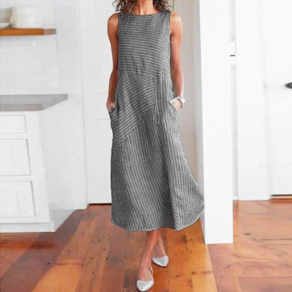 Women Linen Dress Summer Sleeveless Maxi Dress Swing Beach Dresses Boho Long Dresses Beachy with Pockects