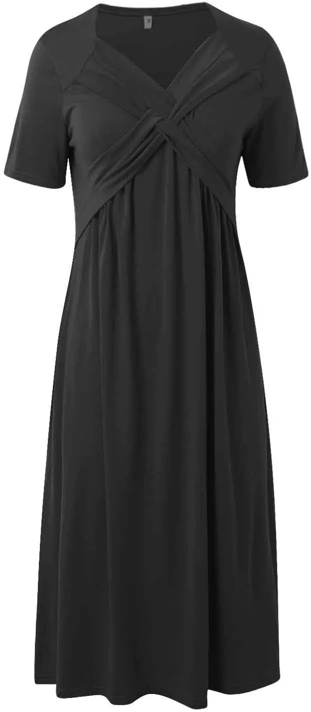 Women Summer Wrap Dress Short Sleeve Plated Sun Dresses Floral V Neck Beach Tshirt Dress with Pockets 2025