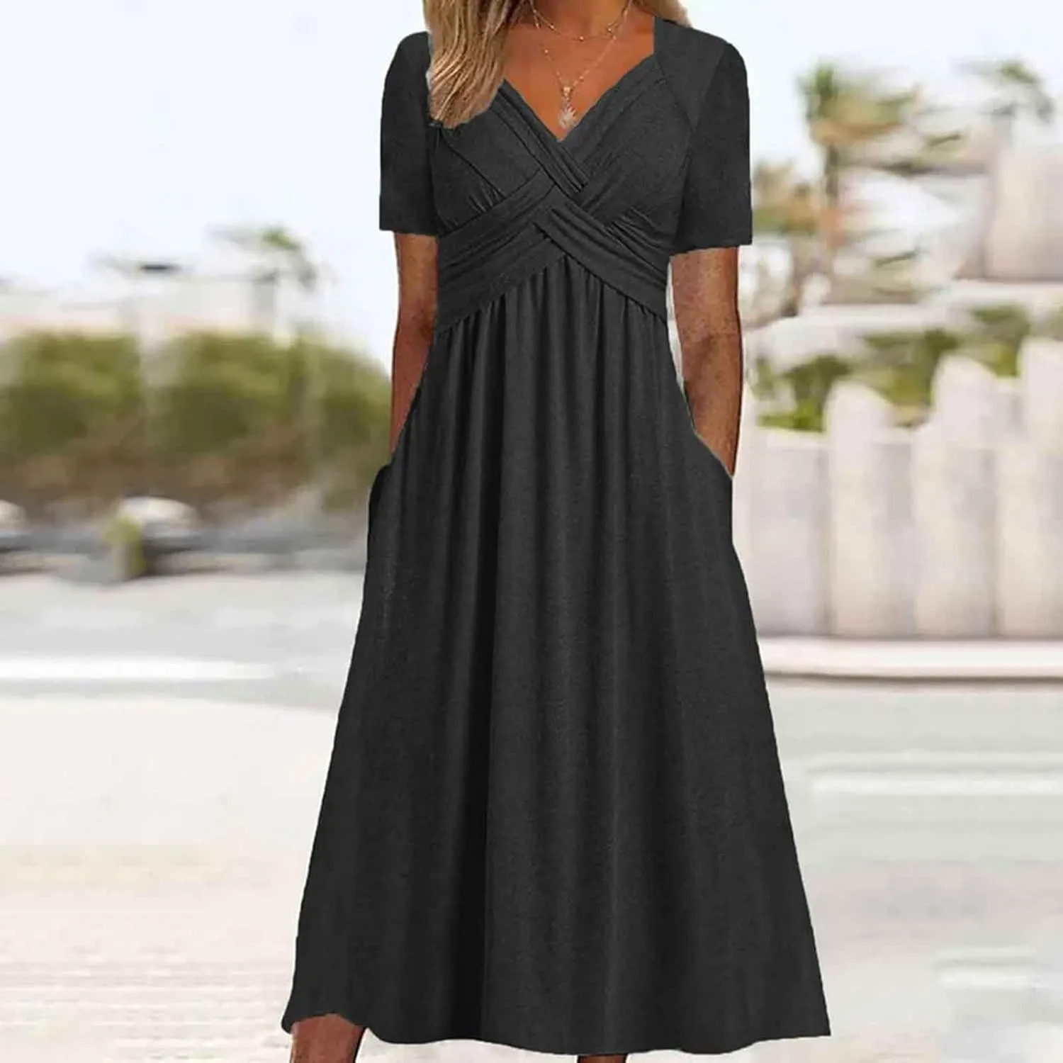 Women Summer Wrap Dress Short Sleeve Plated Sun Dresses Floral V Neck Beach Tshirt Dress with Pockets 2025