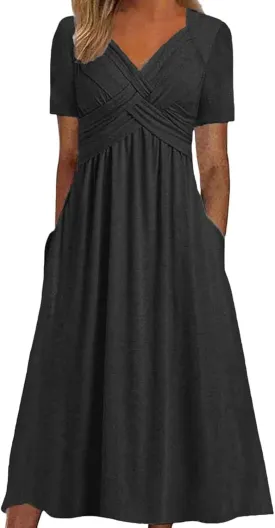 Women Summer Wrap Dress Short Sleeve Plated Sun Dresses Floral V Neck Beach Tshirt Dress with Pockets 2025