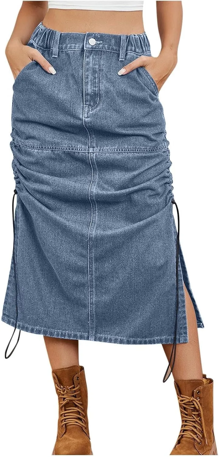 Womens Denim Cargo Skirts Slim Fit Calf Length Back Slit Jean Elastic High Waist Pencil Skirt Flap Pockets Streetwear