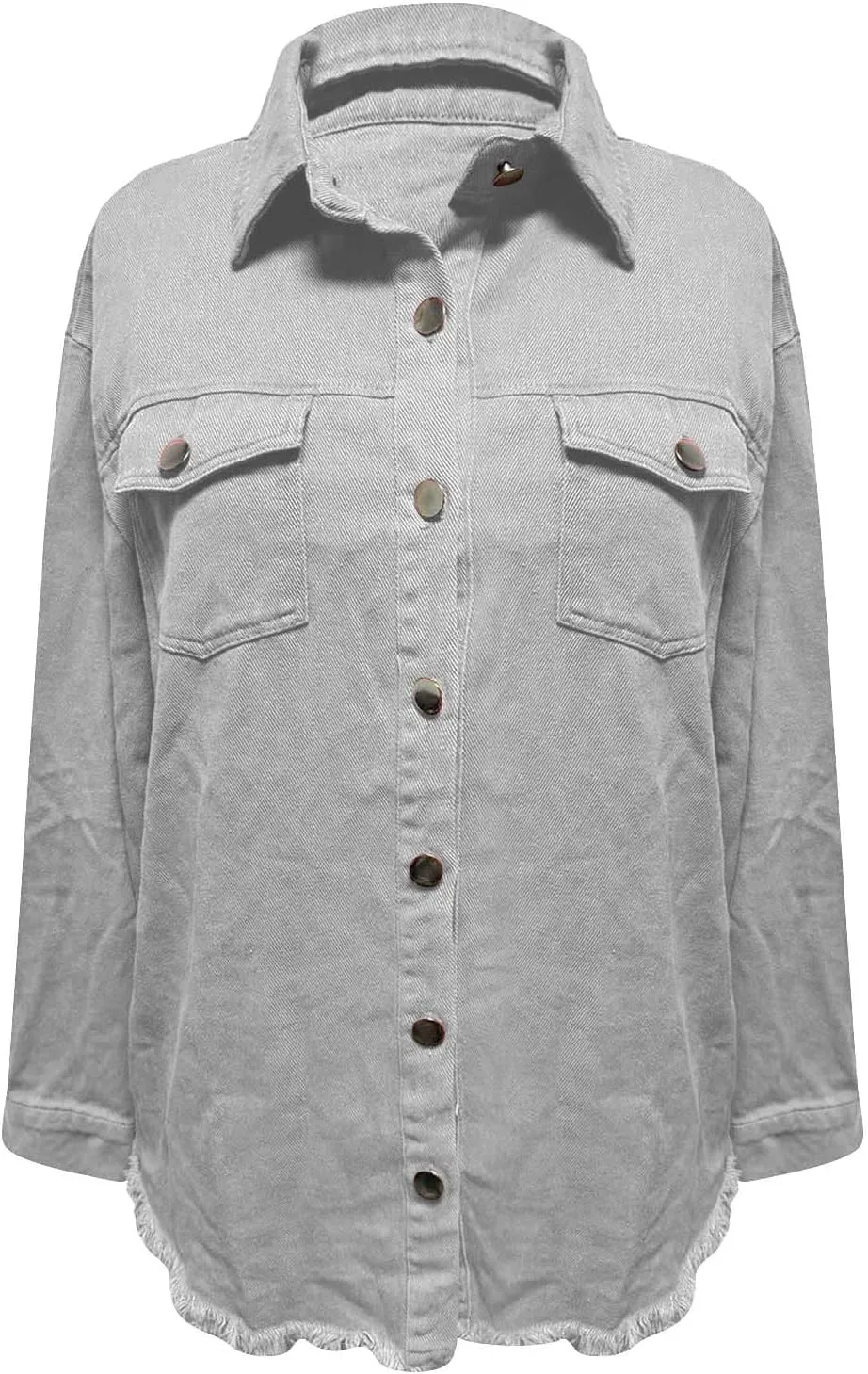 Womens Oversized Button Up Frayed Hem Shacket Long Sleeve Denim Shirts Pockets Denim Jean Jacket 2025 Summer Outfits