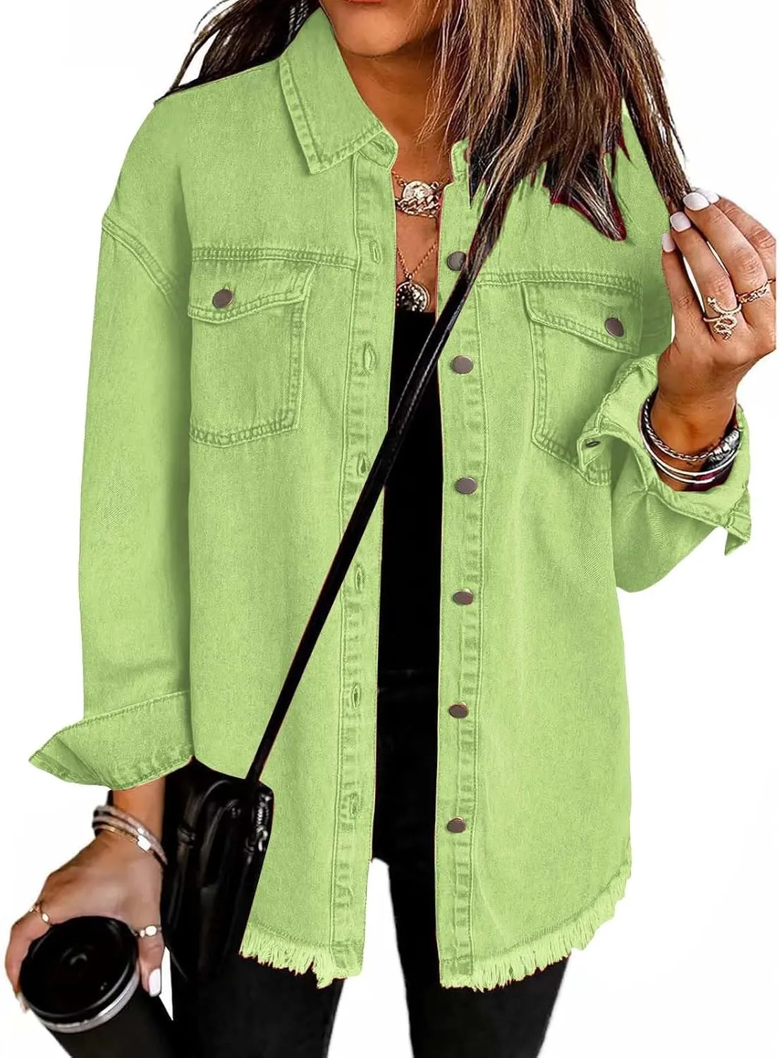 Womens Oversized Button Up Frayed Hem Shacket Long Sleeve Denim Shirts Pockets Denim Jean Jacket 2025 Summer Outfits